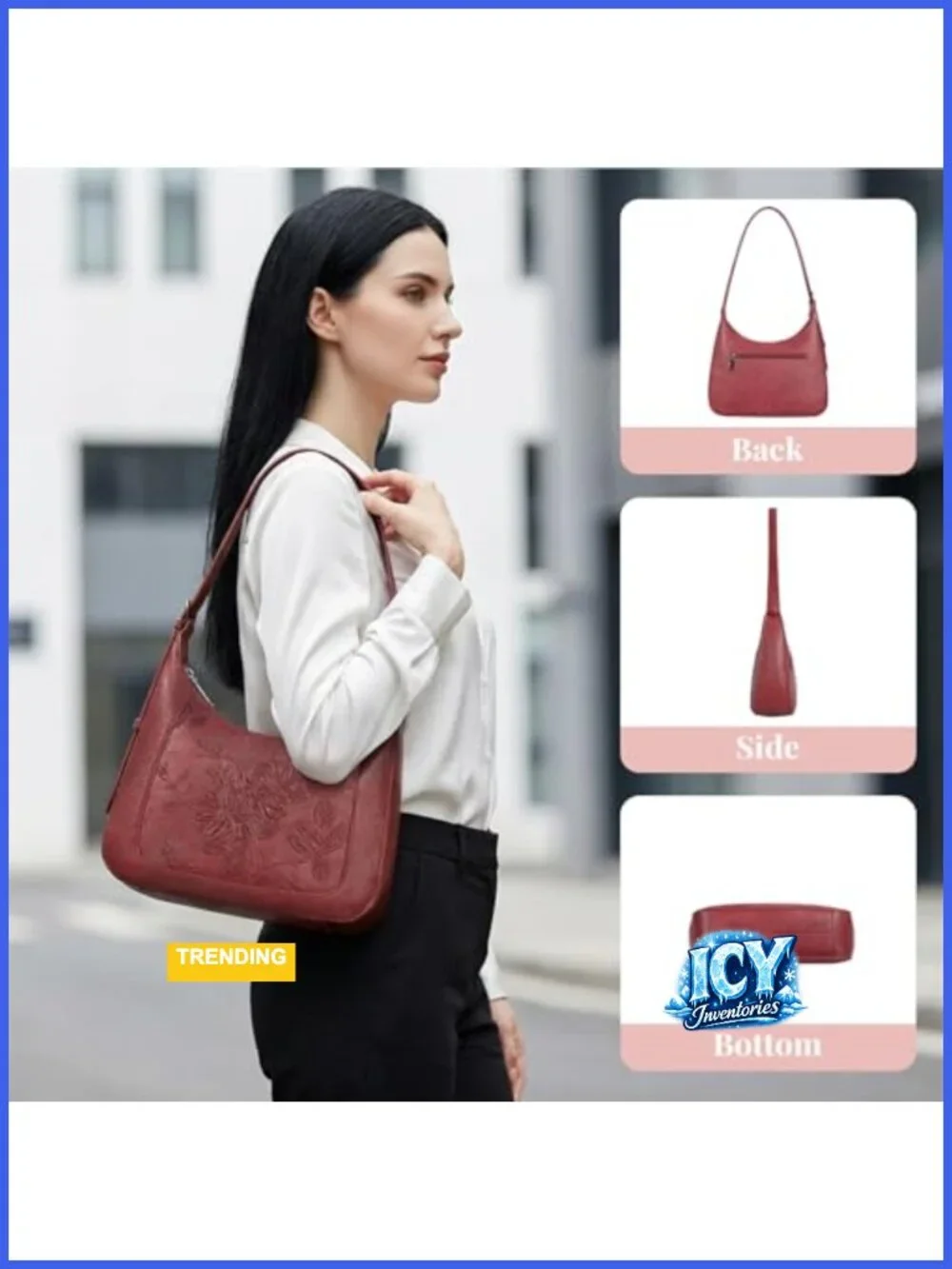 Vegan Leather Floral Embossed Crescent Shoulder Bag Women Hobo Purse